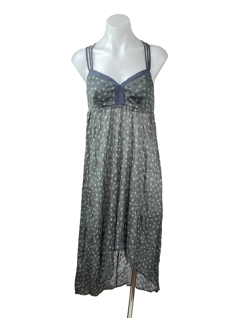 BCBGeneration Gray Geometric Semi Sheer Strappy Sleeveless High Low Dress Sz XS